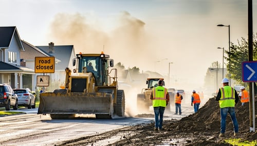 A bustling construction site dominates the foreground with heavy machinery like excavators and bulldozers actively engaged in breaking ground Workers in bright yellow vests maneuver around their faces marked with concentration amidst the cacophony of-1
