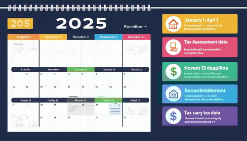 A clean modern digital calendar is displayed on a sleek dark background The calendar highlights the year 2025 prominently at the top with colorful boxes marking significant dates in DeKalb County Georgia Each box contains text in bold easytoread font