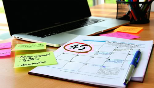 A closeup of a calendar page prominently displaying the number 45 circled in red indicating a countdown The page is adorned with sticky notes in bright colors each labeled with reminders such as Review Assessment Research Comparable Sales and Gather-1
