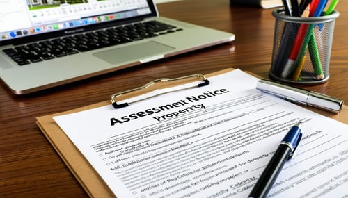 A closeup view of a property tax assessment notice is displayed on a wooden desk with a pen resting beside it The notice features detailed information including the property address legal description and various statistics like lot size and square fo