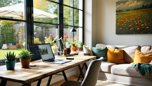A cozy home office is set up in a sunlit corner of a spacious living room with large windows letting in natural light A sleek desk holds a laptop a potted plant and a coffee mug suggesting a productive work environment In the background a comfortable-1