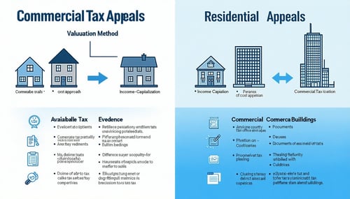 A detailed infographic is displayed divided into sections that outline the key differences in commercial tax appeals versus residential tax appeals in Clayton County Georgia The background is a subtle gradient of blue and white providing a clean prof-1