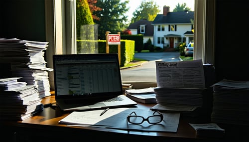 A dimly lit room filled with stacks of unsold real estate listings and foreclosure notices casting long shadows across a cluttered desk An open laptop displays a spreadsheet of property values while a notepad scribbled with notes about market trends-1