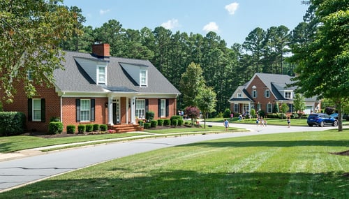 A picturesque suburban neighborhood in Cobb County Georgia features a variety of homes showcasing diverse architectural styles including ranch and twostory designs Lush green lawns wellmaintained gardens and treelined streets create an inviting atmos-1