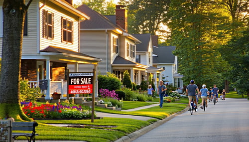 A serene suburban neighborhood in Clayton County is depicted during the golden hour where the soft glow of the setting sun casts a warm light on neatly maintained homes Each house with varying architectural styles displays wellkept lawns adorned with