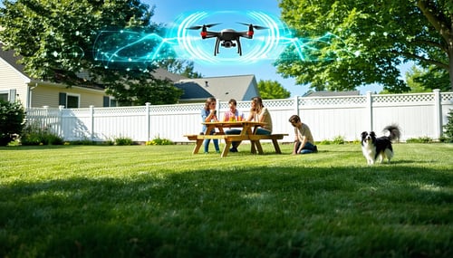 A suburban backyard is depicted framed by a white picket fence and lush green grass In the foreground a family is gathered around a picnic table their expressions a mix of frustration and annoyance Above them a small drone hovers casting a shadow ove-1
