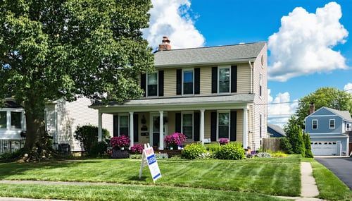 A suburban home stands prominently in the foreground its wellmanicured lawn reflecting the care of its owners The house a twostory structure with beige siding and dark shutters features a welcoming porch adorned with potted flowers In the background-1