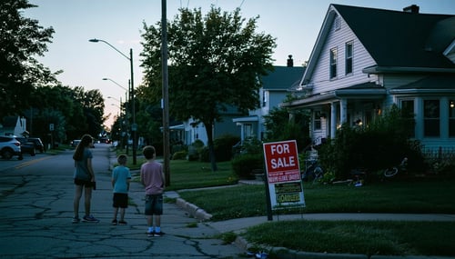 A suburban street at dusk lined with modest homes each displaying a mix of wellkept lawns and signs of neglect In the foreground a family stands outside their house visibly anxious glancing down the street where shadows loom A few houses down a For S
