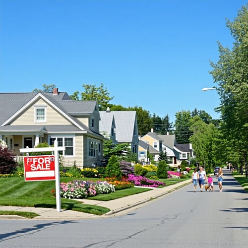 A tranquil suburban neighborhood under a clear blue sky showcasing a row of charming wellmaintained houses with neatly manicured lawns Each home displays unique architectural styles from cozy bungalows to modern twostory structures reflecting the div-1