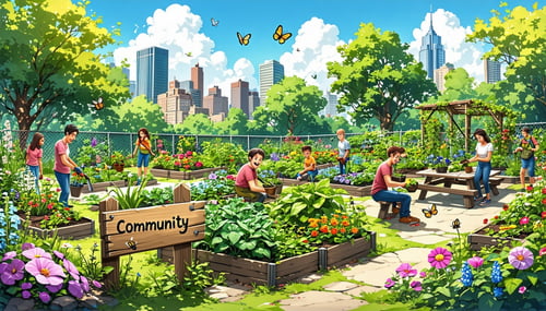 A vibrant community garden filled with a variety of lush green plants colorful flowers and neatly organized vegetable patches In the foreground a group of diverse neighborsadults and childrenare engaged in gardening activities laughing and sharing to-1