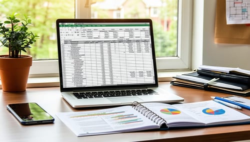A wellorganized desk is displayed with a laptop open to a spreadsheet detailing property assessments Beside the laptop a stack of printed documents showcases charts comparing assessment ratios of various homes A notepad lies open with handwritten not-1