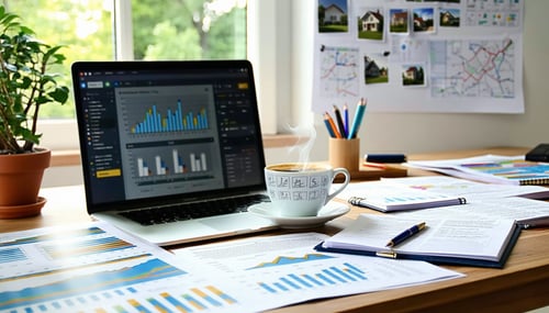 In the foreground a neatly organized desk is visible covered with a variety of documents and open real estate websites on a laptop screen A cup of coffee sits beside the laptop steam curling upward Scattered papers display graphs and charts related t