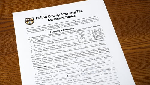 The image depicts a Fulton County Property Tax Assessment Notice laid flat on a wooden table The notice is printed on white paper and features a mix of bold and regular text At the top there is a header with the Fulton County logo and the title Prope-1