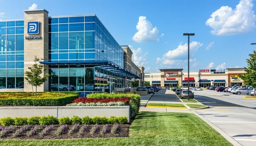 The image depicts a bustling commercial property in DeKalb County surrounded by a diverse array of businesses In the foreground a modern office building showcases large glass windows reflecting the blue sky Nearby a retail center with vibrant signage-1