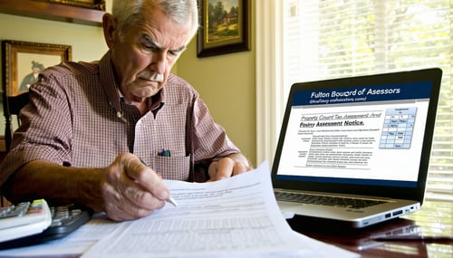 The image depicts a concerned homeowner seated at a dining table surrounded by paperwork and a laptop displaying the Fulton County Board of Assessors website The homeowner a middleaged individual with a furrowed brow is intently reviewing a property