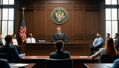The image depicts a courtroom scene highlighting a property tax appeal process in Clayton County In the foreground a judge sits at a wooden bench wearing a black robe and glasses presiding over a case The courtroom is adorned with rich dark wood pane-1
