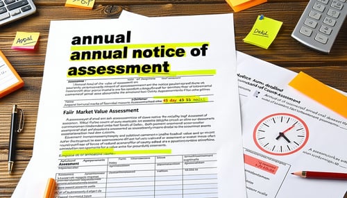 The image depicts a detailed annual notice of assessment from DeKalb County prominently displayed against a simple wooden table background The document features bold headings indicating Annual Notice of Assessment at the top with sections neatly orga