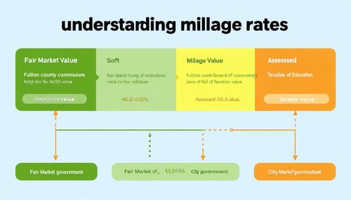 The image depicts a detailed infographic about millage rates and property taxes in Fulton County At the top bold text reads Understanding Millage Rates against a soft blue background Below a simplified diagram illustrates the calculation process feat-3