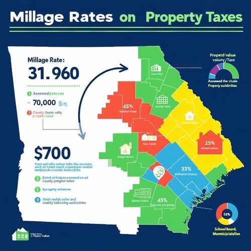 The image depicts a detailed infographic illustrating the impact of millage rates on property taxes in Clayton County Georgia The background features a stylized map of Clayton County with city boundaries highlighted in vibrant colors Key numbers and-1