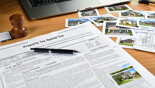 The image depicts a detailed organized presentation of property tax appeal evidence laid out on a wooden desk In the foreground a stack of documents includes printed comparables with highlighted sections showing property details such as sale prices a