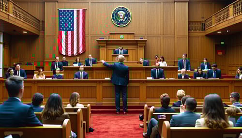 The image depicts a formal courtroom setting emphasizing a sense of seriousness and authority At the center a polished wooden judges bench rises flanked by law books and legal documents The courtroom is adorned with a large American flag and a state