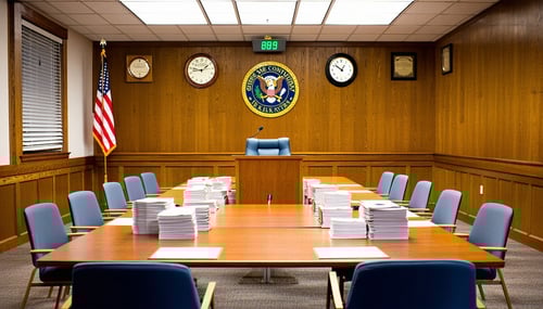 The image depicts a formal hearing room designed for property tax appeals The room features a long wooden table at the center surrounded by several chairs with a prominent podium at the front for the Hearing Officer The walls are adorned with framed