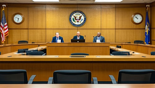 The image depicts a formal hearing room set up for a Clayton County Board of Equalization meeting The room is spacious with wooden paneling and a long rectangular table at the center surrounded by several chairs At one end a raised podium stands for