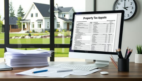 The image depicts a formal professional office setting with a modern desk and a sleek computer monitor displaying a detailed property assessment document There are stacks of papers and a folder labeled Property Tax Appeals neatly arranged on one side-1