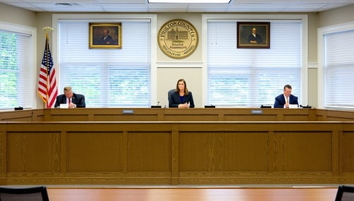 The image depicts a formal setting for a hearing regarding property tax appeals In the center a long wooden table is set up flanked by two sides one side features a representative from the Fulton County Board of Assessors while the other side shows a