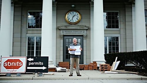 The image depicts a frustrated homeowner standing at the entrance of a local government building clutching a stack of paperwork The facade of the building is imposing featuring tall pillars and large windows conveying a sense of bureaucratic authorit-1
