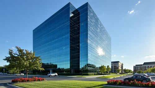 The image depicts a modern office building in DeKalb County showcasing a sleek glass facade that reflects the surrounding urban landscape The structure stands tall against a clear blue sky with the sun casting a warm glow on its surface In the foregr