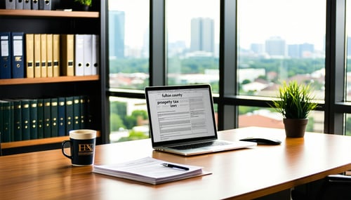 The image depicts a modern office environment with a sleek wooden desk positioned near a large window that offers a panoramic view of a bustling urban skyline Sunlight streams through the glass casting warm shadows across the polished surface of the