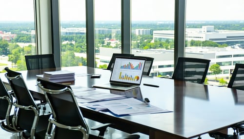 The image depicts a modern office setting featuring a sleek conference table surrounded by ergonomic chairs A large window offers a view of a bustling Clayton County skyline showcasing a mix of commercial buildings and green spaces On the table a lap
