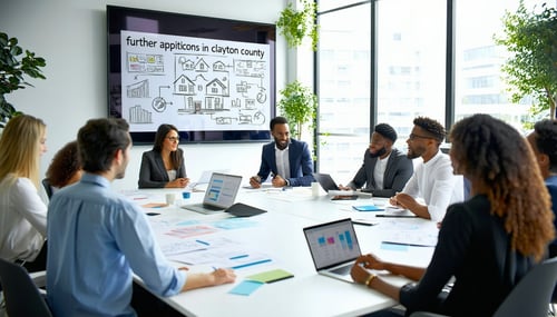 The image depicts a modern office setting with a large conference table at the center Around the table a diverse group of professionals engages in a discussion examining documents and charts related to property tax appeals The room is welllit with la-1