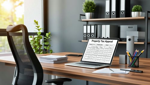 The image depicts a modern office setting with a sleek wooden desk and a highbacked ergonomic chair On the desk there is a laptop open displaying a property tax appeal form Beside it a neatly stacked pile of documents and a pen lay ready for use A la