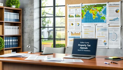 The image depicts a modern office space dedicated to property tax appeals for Fulton County In the foreground a sleek wooden desk is cluttered with papers forms and a laptop displaying the Fulton County Board of Assessors website A large window allow-1