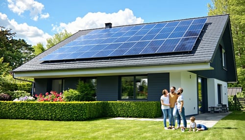 The image depicts a modern suburban house with a gleaming array of solar panels installed on its sloped roof basking in bright sunlight The home is surrounded by lush green grass and neatly trimmed hedges casting a vibrant contrast against the solar