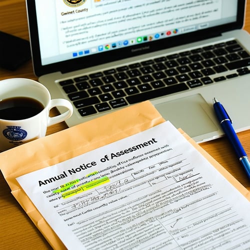 The image depicts a neatly arranged desk cluttered with important documents In the foreground there is an open envelope with the Gwinnett County seal revealing an Annual Notice of Assessment The document features bold headings including Fair Market V-1