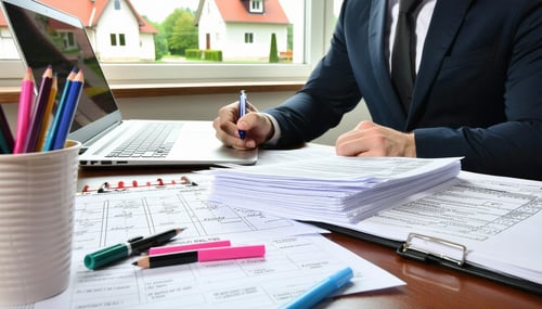 The image depicts a neatly arranged desk cluttered with legal documents and forms related to property tax appeals In the foreground a man in business attire sits intently reviewing a stack of papers his brow furrowed in concentration A laptop is open
