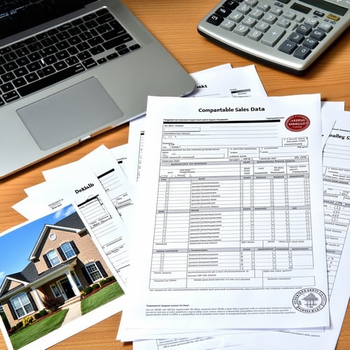 The image depicts a neatly organized desk filled with essential documents related to a property tax appeal in DeKalb County At the forefront a stack of papers is labeled Comparable Sales Data with a few highlighted sections showing recent sales price-1