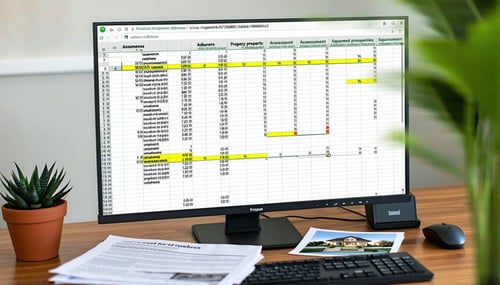 The image depicts a neatly organized spreadsheet on a computer screen showcasing a comparison of property assessments The spreadsheet features columns labeled with property addresses square footage assessed values and value per square foot Each row r-1