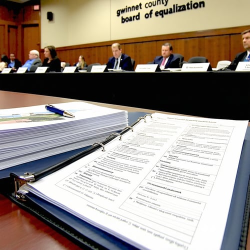 The image depicts a neatly organized table set up for a Gwinnett County Board of Equalization hearing In the foreground a professionallooking binder is open showcasing a wellstructured summary sheet with clearly defined sections highlighting key argu