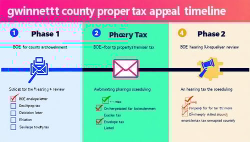 The image depicts a neatly organized timeline illustrating the process of submitting a property tax appeal in Gwinnett County At the top a bold header reads Gwinnett County Property Tax Appeal Timeline Below the timeline is divided into three distinc