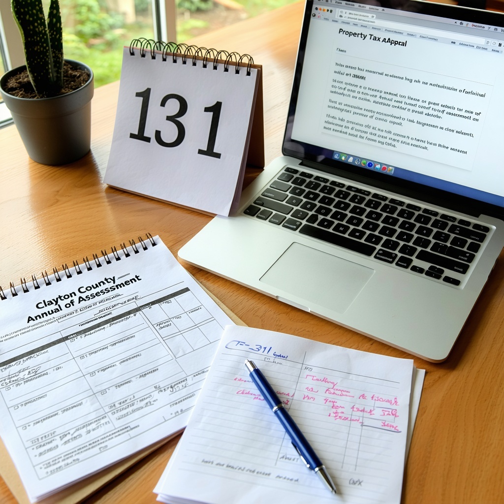 The image depicts a neatly organized workspace featuring a wooden desk with a laptop open to a webpage displaying property tax appeal information Beside the laptop there are several documents spread out including a Clayton County Annual Notice of Ass
