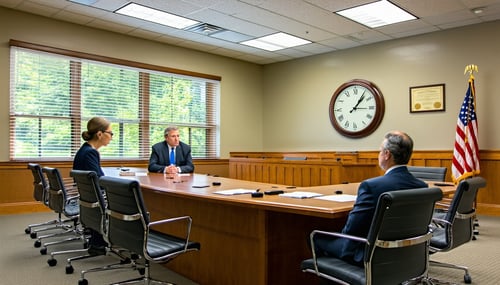 The image depicts a professional hearing room designed for tax appeal hearings The room is spacious and welllit featuring a long oak table at the center surrounded by comfortable chairs On one side of the table sits a distinguished Hearing Officer a-1