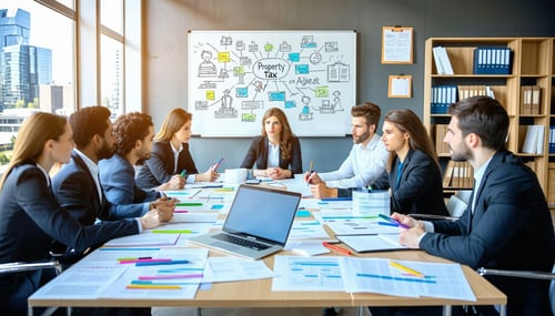 The image depicts a professional office environment showcasing a diverse group of legal professionals engaged in a discussion around a large conference table Papers legal documents and a laptop are scattered across the table indicating a serious revi