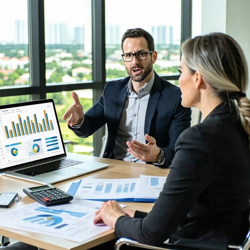The image depicts a professional office setting showcasing a confident property tax consultant seated at a sleek modern desk The consultant dressed in formal attire is engaged in a discussion with a property owner who appears concerned yet hopeful A-1