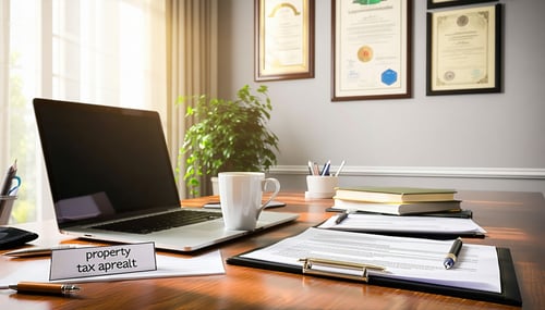 The image depicts a professional office setting with a large wooden desk at the center cluttered with documents a laptop and a coffee mug In the background a wall is adorned with framed certificates and licenses showcasing the expertise of a property-1