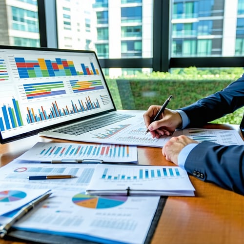 The image depicts a professional property tax consultant seated at a modern conference table surrounded by commercial property documents and financial reports The consultant dressed in business attire is reviewing a colorful chart that illustrates pr-1