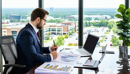 The image depicts a professional property tax consultant seated at a sleek modern desk in a welllit office Behind them large windows reveal a bustling cityscape of Gwinnett County showcasing a mix of commercial buildings including office complexes re-1